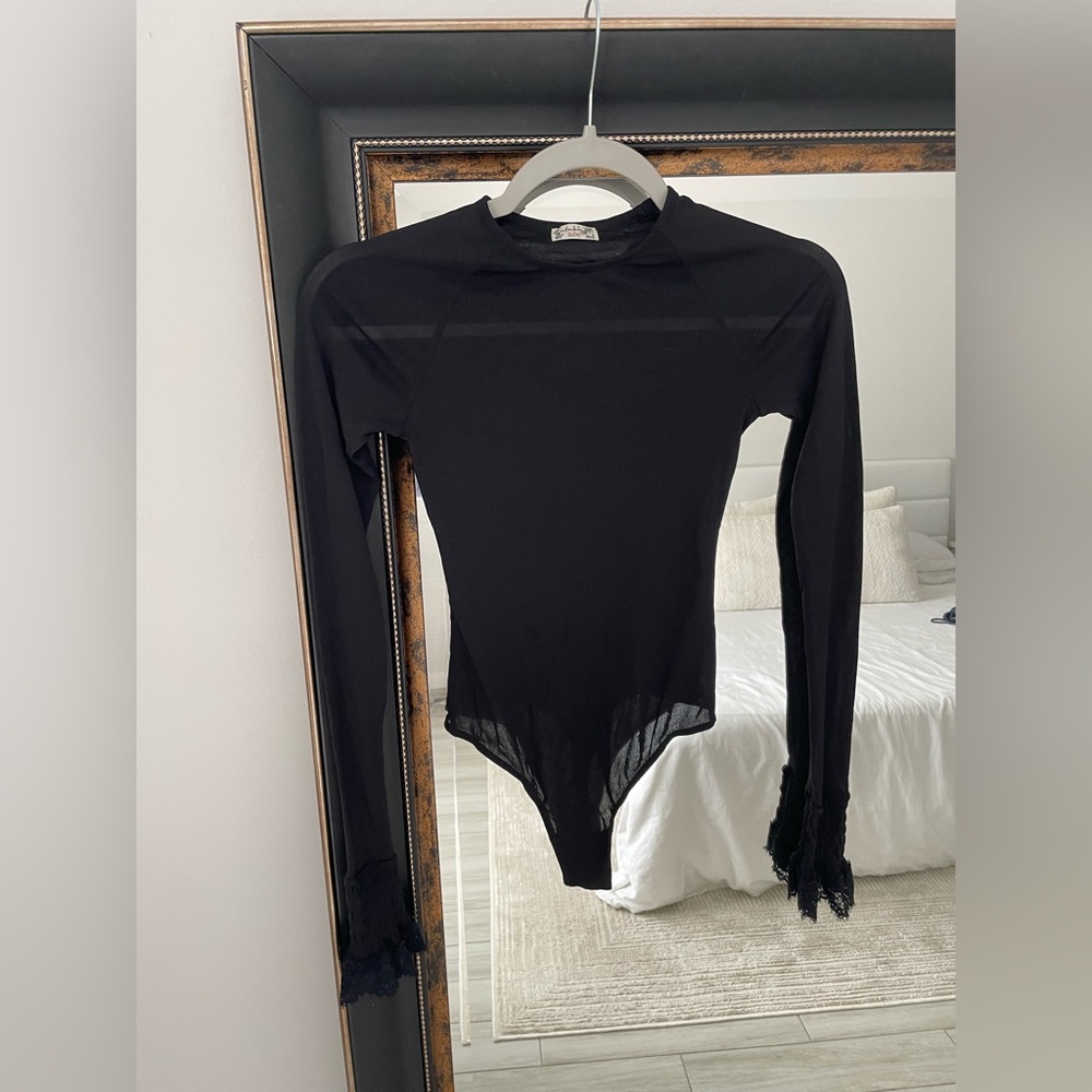 Free People Black Sheer Bodysuit w/ Danity Sleeve Detail - Picture 2 of 4